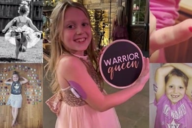 A smiling young girl proudly holds a "Warrior Queen" sign. She wears a dress and has a patch on her arm, embodying resilience from diverse social-emotional learning activities. The collage captures her posing, running in a dress, and showing a finger. Another image shows her lying on tiles.