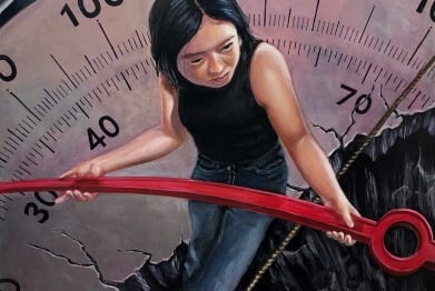 A person with long dark hair holds a large, red needle on a giant gauge with numbers. The cracked surface in the background resembles a cliff edge, creating tension reminiscent of SEL activities designed to explore emotional balance and self-awareness skills.