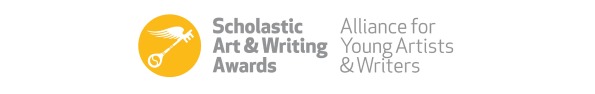 The logo for the Scholastic Art & Writing Awards showcases a gold circle embellished with a winged key, alongside text that reads "Alliance for Young Artists & Writers," serving as an emblem of creativity and inspiration integral to social emotional learning activities.