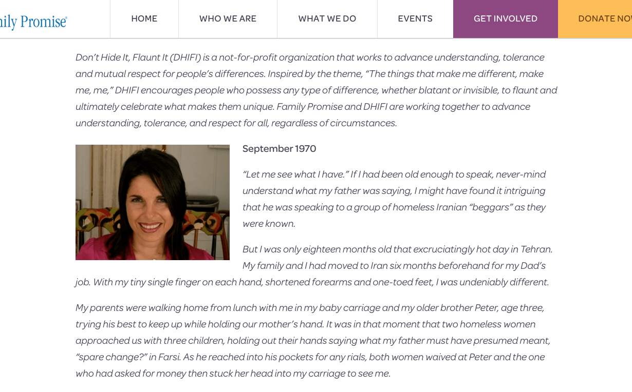 A website section highlights Family Promise and DHIF, featuring a photo of a smiling individual and text outlining the organization's mission. It shares a personal story from September 1970 about a childhood memory, emphasizing the importance of social emotional learning activities in their journey.