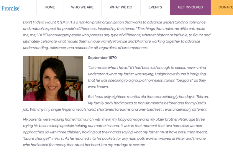 A website section highlights Family Promise and DHIF, featuring a photo of a smiling individual and text outlining the organization's mission. It shares a personal story from September 1970 about a childhood memory, emphasizing the importance of social emotional learning activities in their journey.