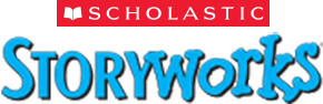 Logo with a red rectangular background featuring a book icon and the word "Scholastic" in white capital letters. Below, "Storyworks," part of the SEL curriculum, is written in large blue letters with a black drop shadow effect.