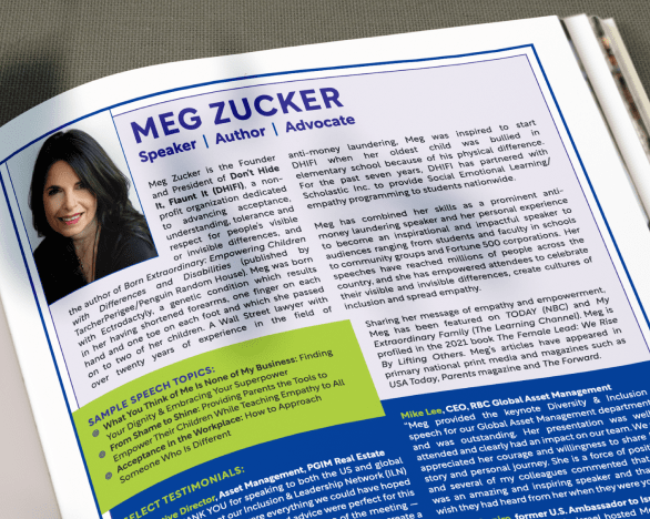The magazine page spotlights Meg Zucker, a dynamic speaker, author, and advocate. Accompanied by her photo, it details her initiatives like Don't Hide It, Flaunt It (DHIFI). Highlighted are her renowned speech topics on diversity programs and testimonials praising her social emotional learning activities.