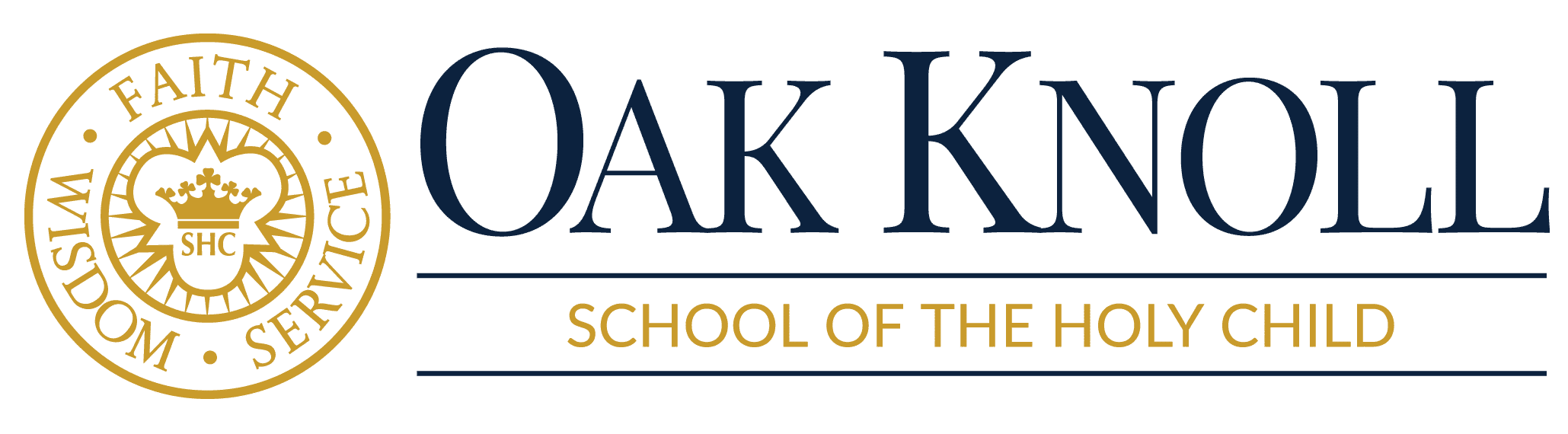 Logo of Oak Knoll School of the Holy Child. It features a gold emblem with the words "Faith," "Wisdom," and "Service" surrounding a crown with the letters "SHC." Reflecting their SEL curriculum, the school's name is written in blue and gold text to the right.