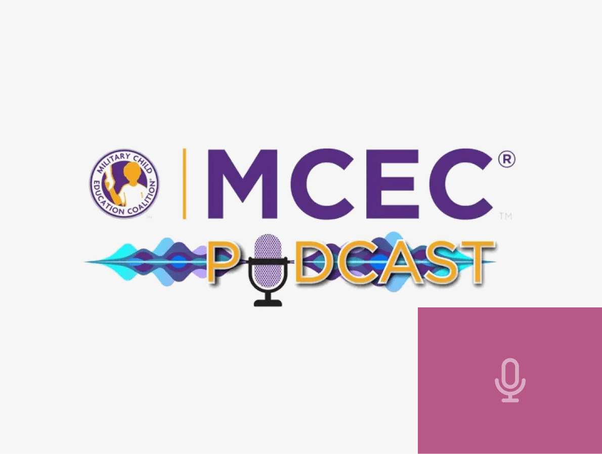 Logo for the IMCEC Podcast featuring the Military Child Education Coalition emblem, text in purple and yellow, and a microphone graphic. A sound wave illustration is behind "Podcast." Highlighting diversity programs, a pink square with a microphone icon rests in the corner.