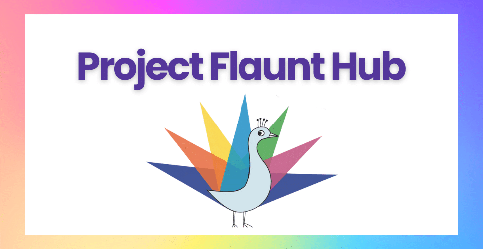 Logo for "Project Flaunt Hub" with a cartoon peacock in front of colorful geometric shapes, designed to engage students through social emotional learning. The background features a gradient of pastel colors, inviting SEL activities that foster creativity and connection.