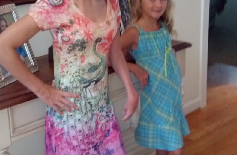 Two girls stand posing in a home, showcasing the joy of social emotional learning activities. The older girl wears a colorful floral dress, while the younger one sports a blue plaid dress. With hands on hips and pink open-toe shoes, they smile confidently in front of a wooden table.
