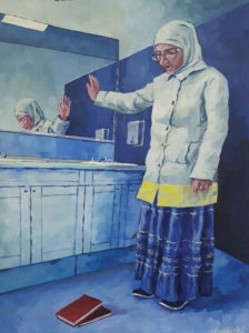 A woman wearing a headscarf and long coat stands in a bathroom, contemplating a red book on the floor. Her reflection in the mirror shows her engaging with SEL curriculum concepts. The scene, depicted in blue and yellow tones, evokes introspection and social emotional learning activities.