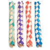 Four colorful Chinese finger traps are lined up vertically. Perfect for get-to-know-you activities for students, each is woven with a different color pattern—green, purple, red, and blue—combined with natural straw. These tools can also foster SEL activities by emphasizing diversity through play.