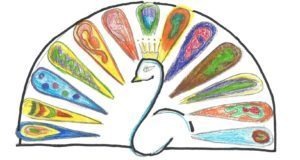 A childlike drawing of a peacock with a colorful, fan-shaped tail featuring various patterns and colors in each feather—perfect for diversity programs. The simple body and head sport a crown, reflecting the uniqueness celebrated in SEL curriculum.