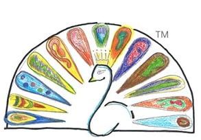 A hand-drawn peacock with a vibrant tail showcasing abstract patterns symbolizes diversity and inclusion. The bird faces right, crowned regally, with "TM" gracefully positioned above its tail, embodying the essence of social emotional learning activities through its colorful display.