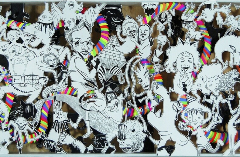 A lively and complex illustration featuring abstract, cartoon-like figures and creatures intertwined, capturing the essence of social-emotional learning activities. The drawing is primarily in black and white, with vibrant rainbow-colored accents on various elements. The style is chaotic and whimsical.