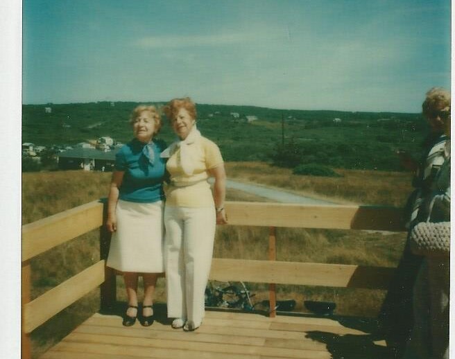Two smiling women stand close together on a wooden deck overlooking a grassy landscape with distant houses under a clear blue sky. One wears a blue top and white skirt, the other a yellow top and white pants, embodying the warmth of social emotional learning as another person is partially visible on the right.