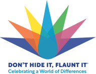 A colorful logo featuring a water droplet shape with rays of different colors extending outward symbolizes our SEL curriculum. Below it, the text reads "DON'T HIDE IT, FLAUNT IT," celebrating a world of difference and the power of social-emotional learning.