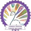 A hand-drawn colorful peacock with a crown graces a circular badge with a purple scalloped edge, symbolizing diversity programs. Below is a ribbon bearing the text: "Hannah Burton 'Figure Walking'.