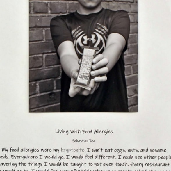 A person in a black t-shirt holds out a packaged snack. The text reads: "Living with Food Allergies" by Sebastian Roa. Below, a paragraph explores the struggles of living with food allergies and how SEL activities can help build resilience and understanding.