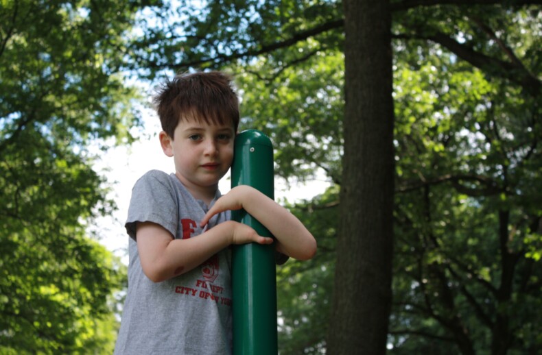 A young boy with short brown hair holds onto a green pole in a park full of life. Clad in a gray T-shirt with red text, he stands amidst lush trees under a clear sky, embodying the spirit of social emotional learning curriculum as he explores and grows.