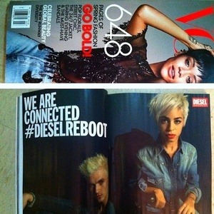 A magazine cover showcases a woman in a sparkly outfit and bold makeup, alongside an open page highlighting two people in denim jackets under the text "We Are Connected #DIESELREBOOT." The imagery resonates with the essence of social emotional learning activities, emphasizing connection and creativity.