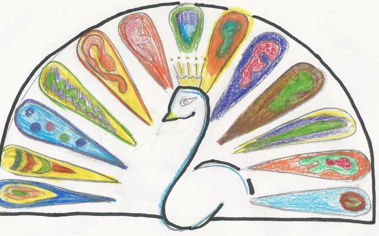 A colorful drawing of a stylized peacock, its fan of vibrant feathers symbolizing the diversity found in SEL curriculum. The feathers, in yellows, blues, greens, and oranges, offer a striking visual against a plain background, perfect for engaging students in get to know you activities.