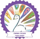 A colorful drawing of a peacock with a crown, surrounded by a vibrant fan of tail feathers, symbolizes the essence of SEL activities. The border is scalloped in purple. Text at the bottom reads: "EMMA QIAN 'COLORS'.