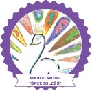 A circular badge showcases a stylized peacock adorned with vibrant multicolored feathers, embodying diversity programs. The crowned peacock is encircled by a purple scalloped border, with text below reading "MARGO WONG 'SPEECHLESS.'