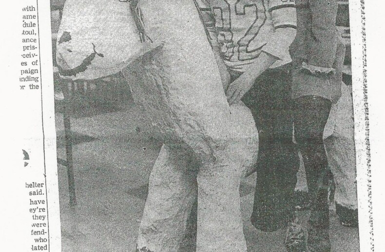 Black and white newspaper clipping featuring two children posing with a large, horse-shaped piñata. The article is titled "Yankee Doodle Dollies" and discusses a school activity celebrating America's Bicentennial with paper-mâché animals, integrating social emotional learning activities.