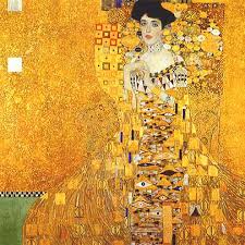 A painting of a woman with a dark hair bun, wearing an ornate gold and patterned dress, set against a vivid gold background adorned with geometric shapes. The artwork is rich in detail and texture, resembling the complexity found in SEL curriculum designs.