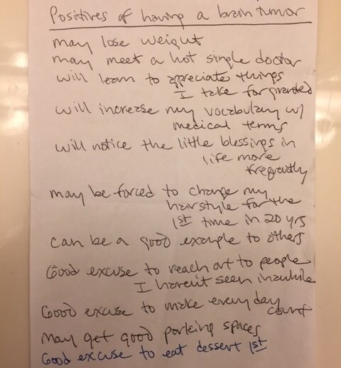 A handwritten list titled "Positives of having a brain tumor," dated 5/28/16, humorously highlights weight loss, meeting doctors, new vocabulary, parking spaces, and desserts as benefits. Each point is penned in blue ink on lined paper—an unexpected twist on social-emotional learning activities.