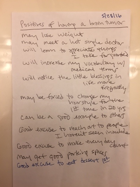 A handwritten list titled "Positives of having a brain tumor," dated 5/28/16, humorously highlights weight loss, meeting doctors, new vocabulary, parking spaces, and desserts as benefits. Each point is penned in blue ink on lined paper—an unexpected twist on social-emotional learning activities.