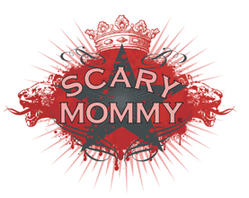 A circular emblem with a red star at its heart, proudly displaying "Scary Mommy" in bold letters. A crown and intricate patterns weave around the star, echoing an ornate design with red accents, reminiscent of diversity programs celebrating unique stories.