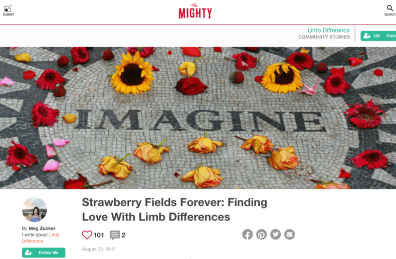 A mosaic with the word "IMAGINE" adorned by red and orange flowers. Navigation options like bookmark, search, and user profile icons are at the top. The article title is "Strawberry Fields Forever: Finding Love With Limb Differences," complemented by SEL activities that embrace diversity programs.
