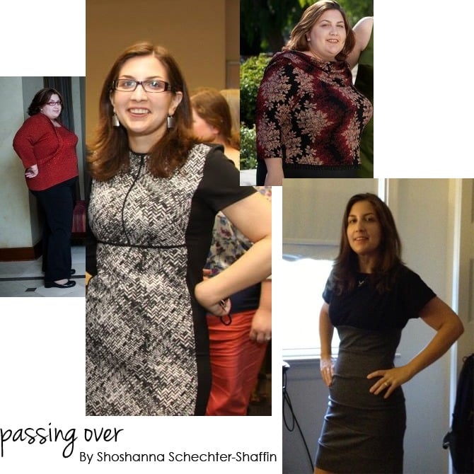 Collage of four images showcasing a woman in diverse outfits and poses, highlighting styles like a black and white dress, red sweater, and patterned blouse. The text "passing over by Shoshanna Schechter-Shaffin" is included, reflecting diversity programs in fashion.