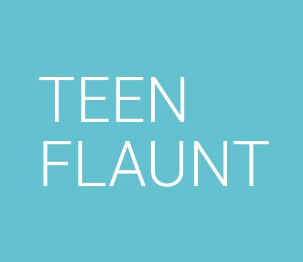 The image showcases the words "TEEN FLAUNT" in bold white letters on a turquoise background, embodying themes from social emotional learning curriculum that empowers youth.