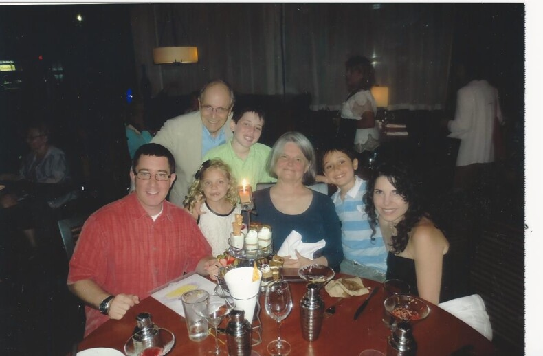 A group of six people seated around a restaurant table, smiling at the camera. The table, set with drinks, plates, and a tiered dessert stand, exudes warmth and camaraderie. The setting resembles a live session of social emotional learning activities amidst dim lighting and fellow diners.