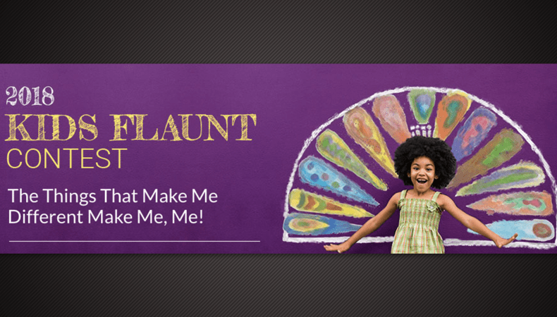 Colorful banner for the 2018 Kids Flaunt Contest. A smiling child stands in front of a peacock feather mural, embodying the spirit of SEL activities with the text: "The Things That Make Me Different Make Me, Me!" on a purple background.