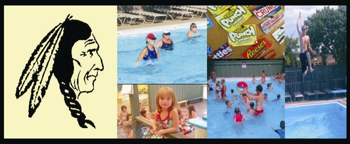 A collage featuring a Native American illustration, children swimming in a pool, candy packages, and kids playing in water. The scenes highlight vibrant pool activities and various candies, subtly weaving SEL activities to foster understanding and connection.