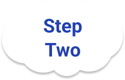 A white cloud-shaped graphic with the text "Step Two" in blue letters.
