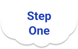 A cloud-shaped graphic with the text "Step One" in blue, centered within the cloud. The background is white.