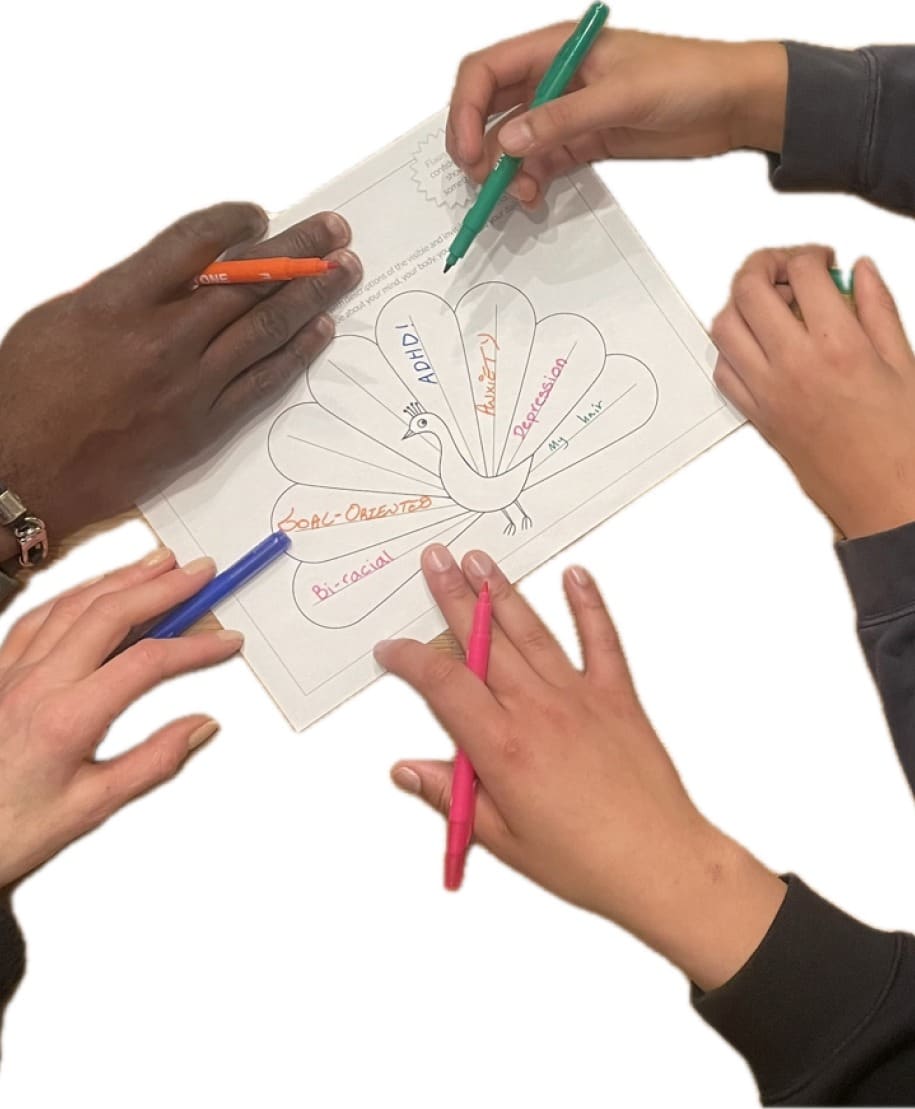 Four hands holding colorful markers are drawing on a paper with a peacock illustration. The peacock's feathers have words written in them like "goal-oriented" and "dedicated." The background is white.