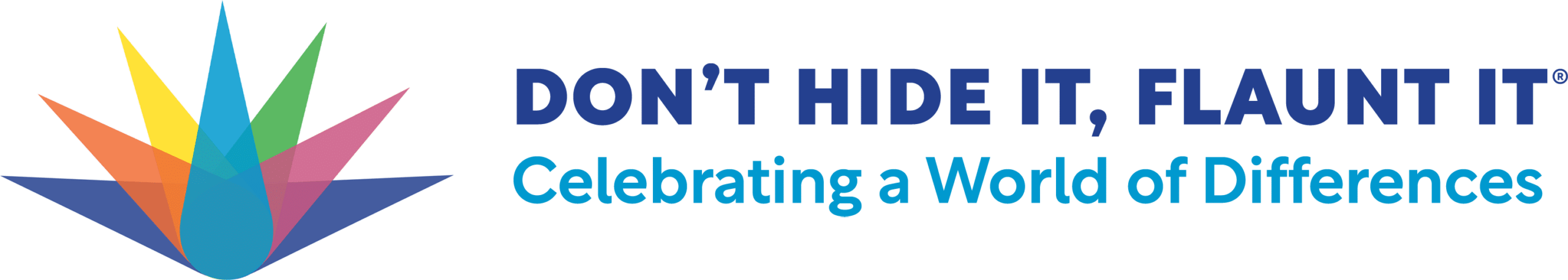 Logo featuring a multicolored starburst and the text "DON'T HIDE IT, FLAUNT IT - Celebrating a World of Differences" in blue.