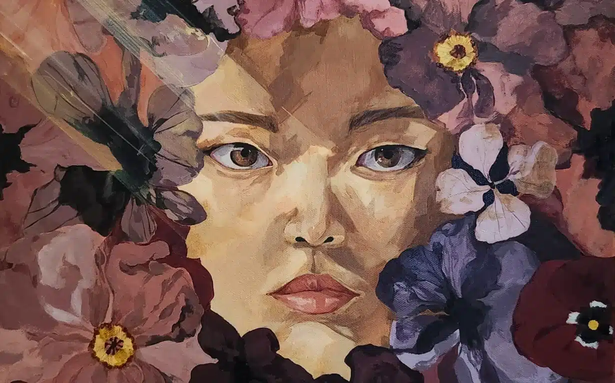 A painting of a woman's face surrounded by large, colorful flowers. Sunlight streams diagonally across the upper left, creating a dramatic, dreamlike effect among the pink, red, purple, and yellow petals.