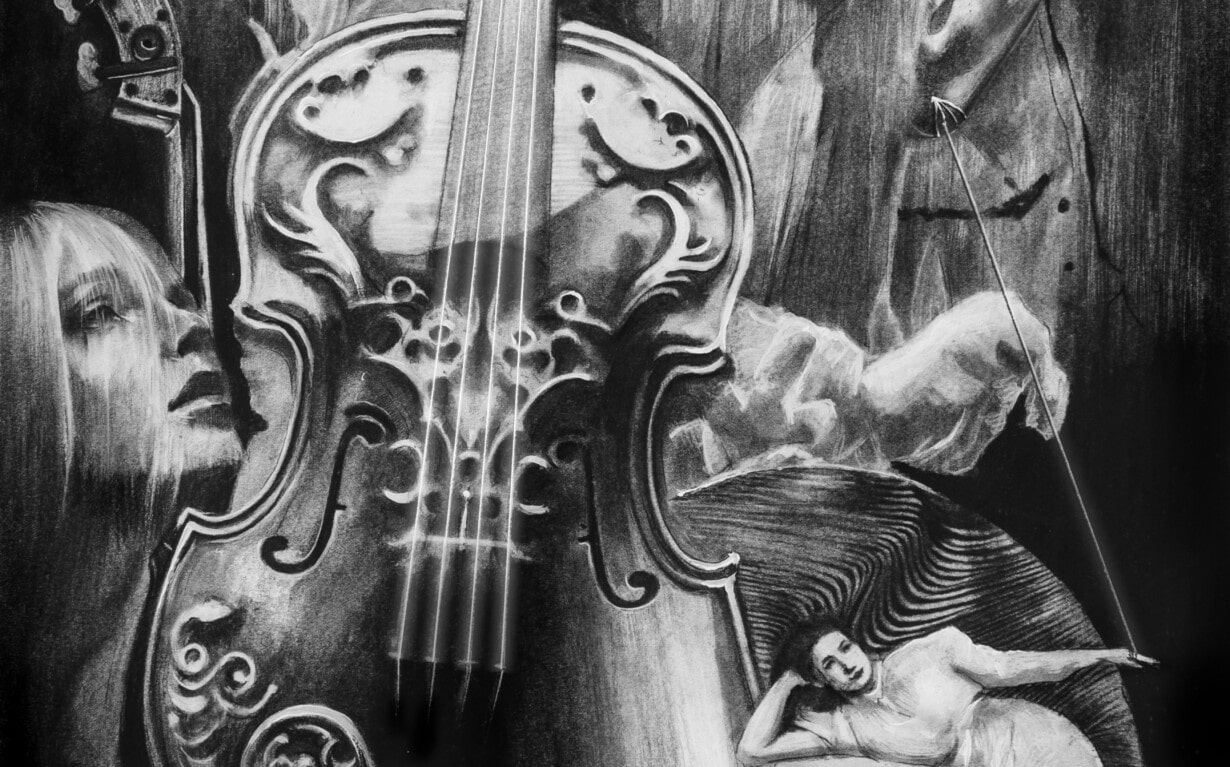 A surreal black-and-white illustration featuring a large ornate violin at the center, a person’s ear, a woman’s face, a hand holding a bow, and a woman in a flowing dress lying on swirling lines.