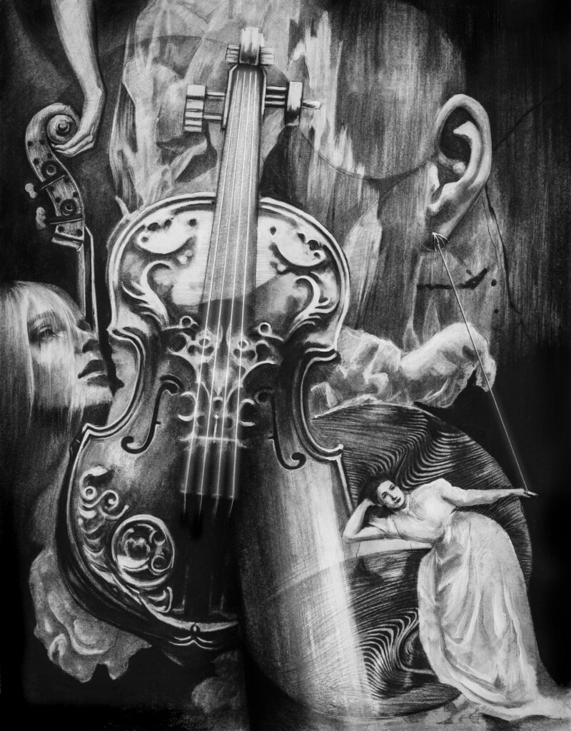 A surreal black-and-white illustration featuring a large ornate violin at the center, a person’s ear, a woman’s face, a hand holding a bow, and a woman in a flowing dress lying on swirling lines.