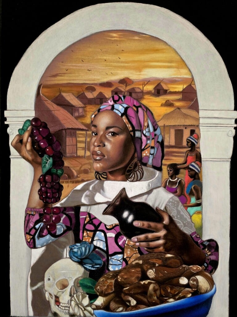 A woman in colorful clothing holds grapes and a black jug, standing before an arched window with a sunset village scene. Below her are a bowl of yams, a skull, and a carved mask. Other women and huts appear in the background.