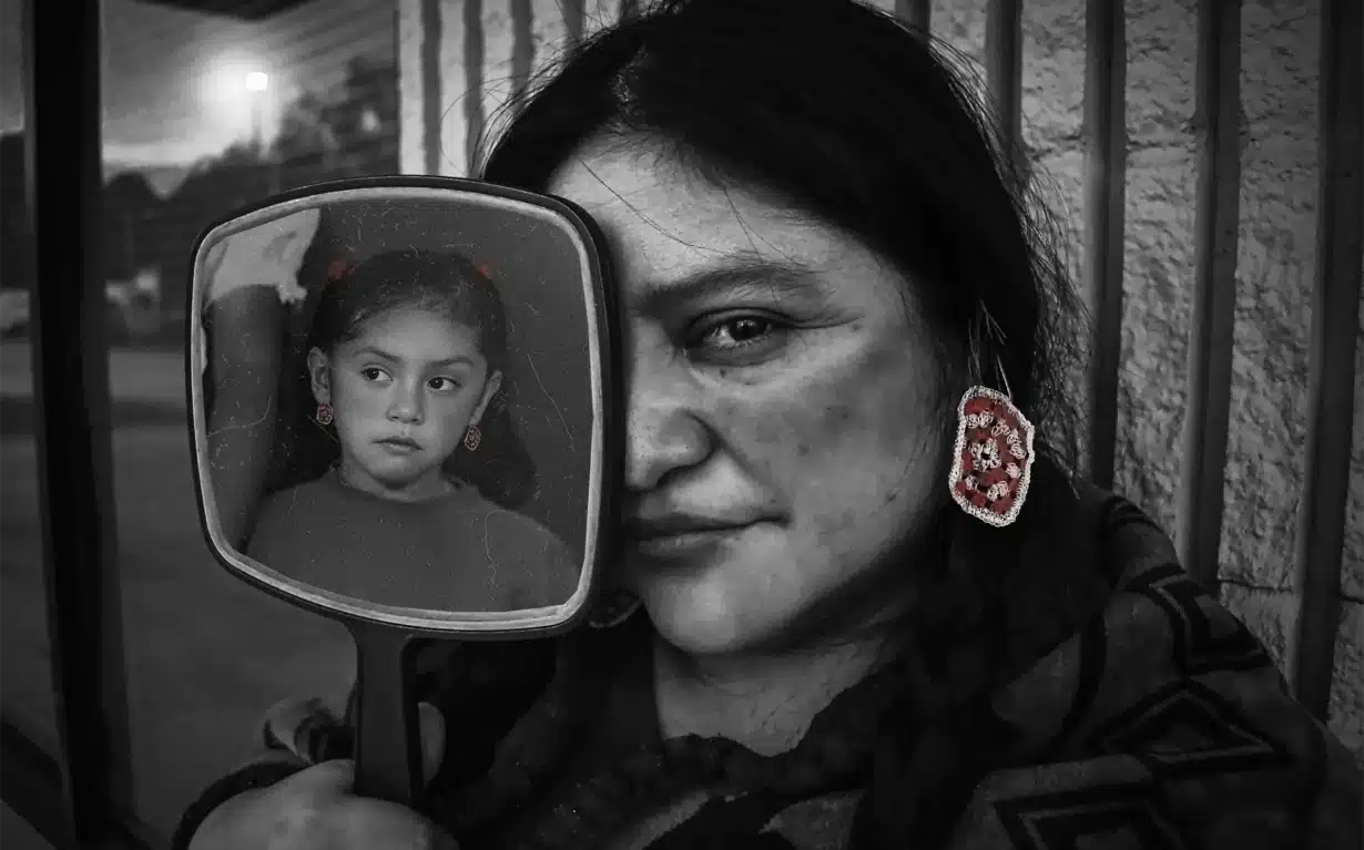 A woman holds a mirror in front of her face, reflecting the image of a young girl with pigtails and earrings. The photo is black and white except for the woman’s red, beaded earrings and the girl's red hair ties and earrings.